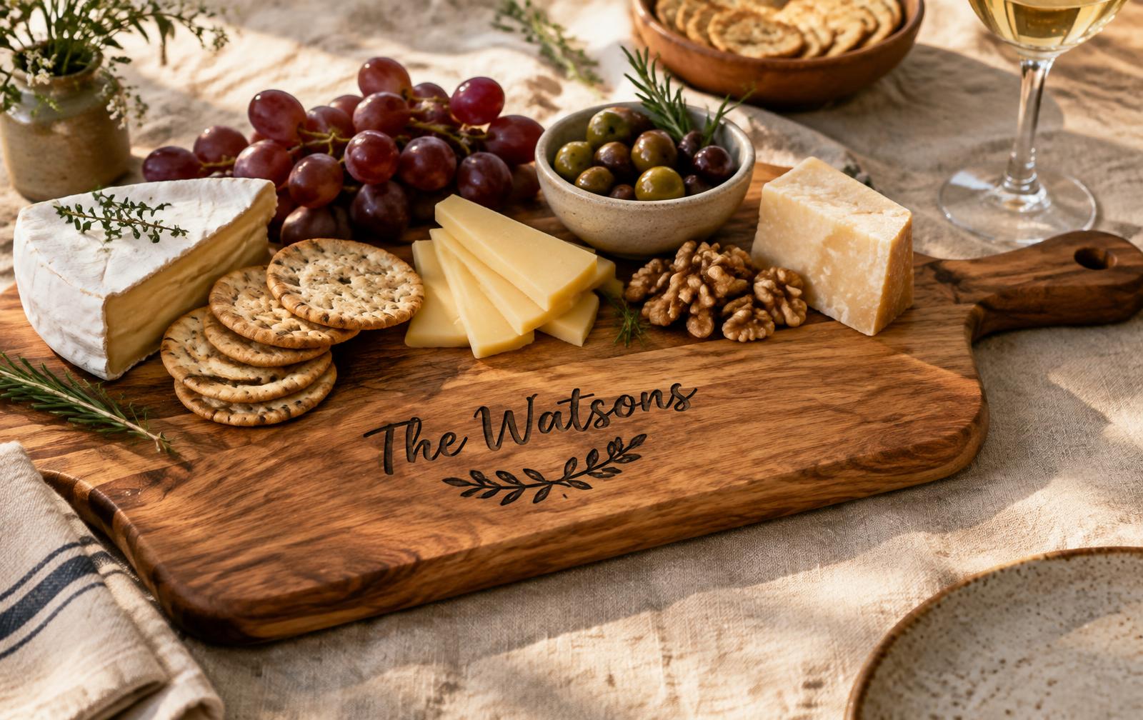 Charcuterie board scorch-painted with the family name The Watsons, styled with cheese and grapes