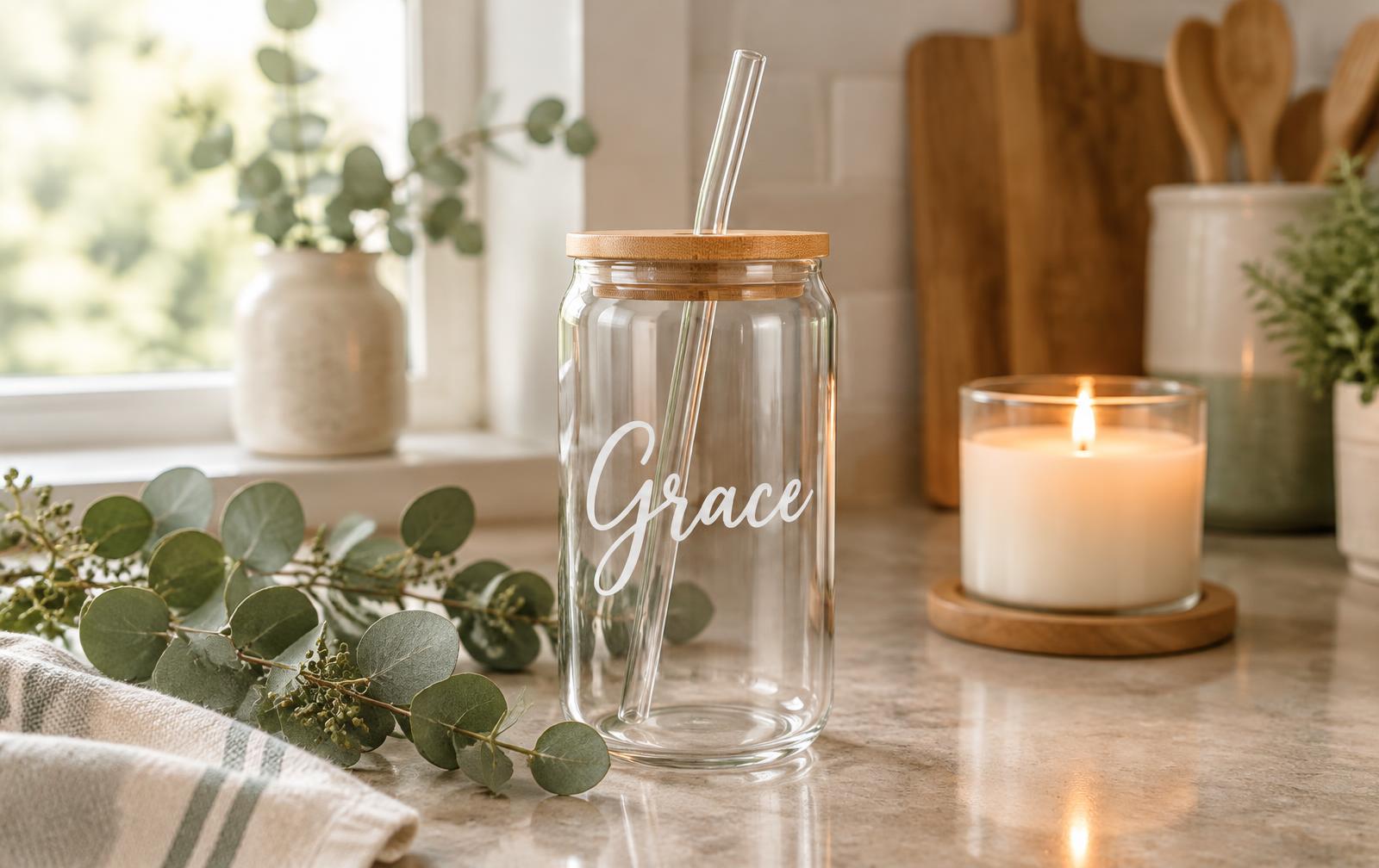 Glass tumbler with bamboo lid personalized with the name Grace in white script vinyl